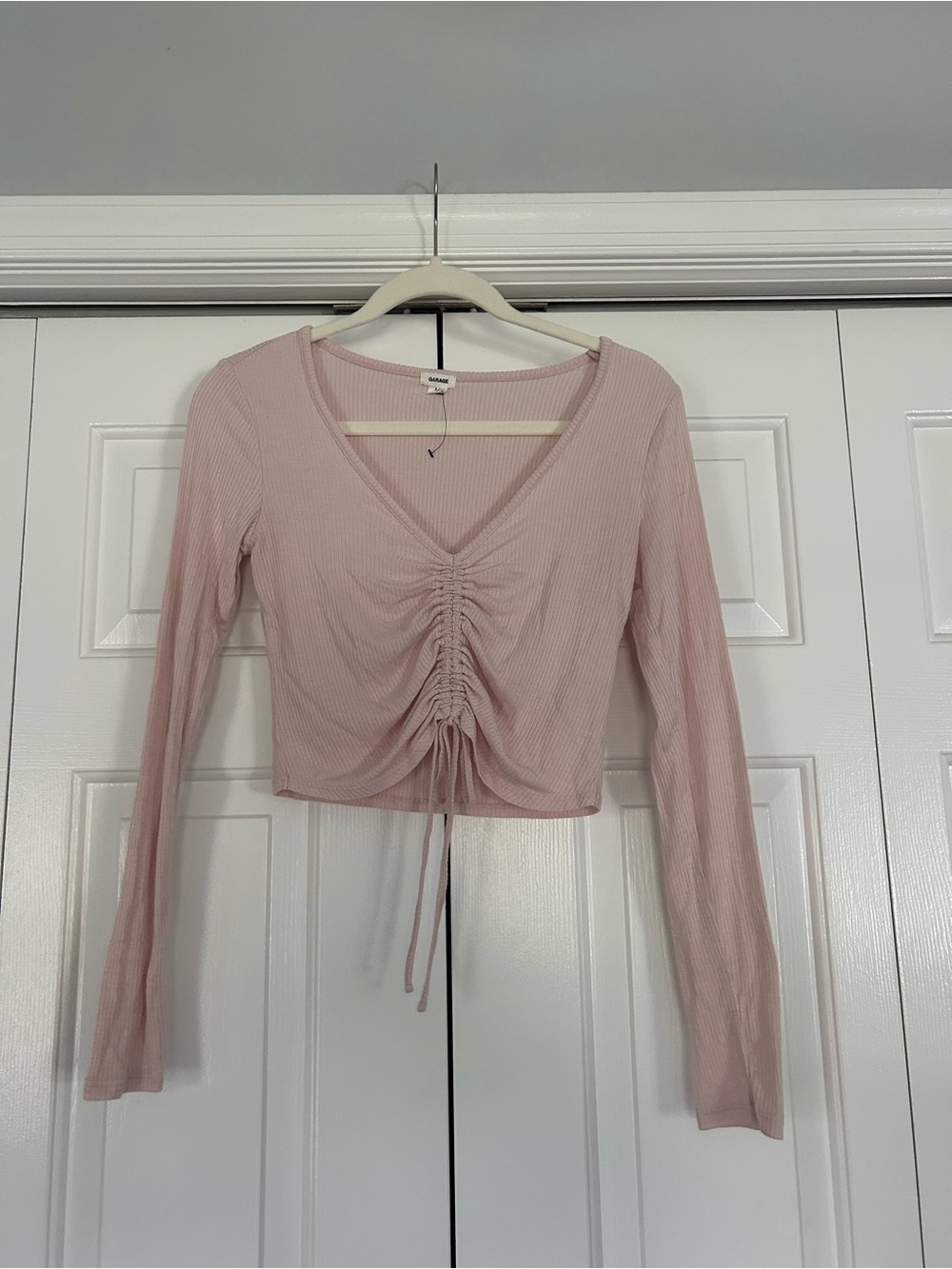 Garage Pink Ribbed Ruched V-Neck Long Sleeve Crop Top